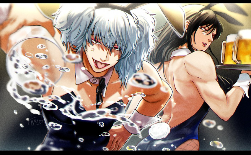 2boys alternate_costume anger_vein beer black_hair bunny_boy bunny_ears bunny_tail bunnysuit crossdressing detached_collar drag_queen gintama gintoki_sakata hand_on_hip katsura_kotarou lipstick long_hair long_hair_male looking_at_another looking_at_viewer looking_back makeup male male_only male_playboy_bunny open_mouth paako red_lipstick shinoanko silver_hair smile spilled_drink toned toned_male tongue_out twintails waiter wrist_cuffs zurako