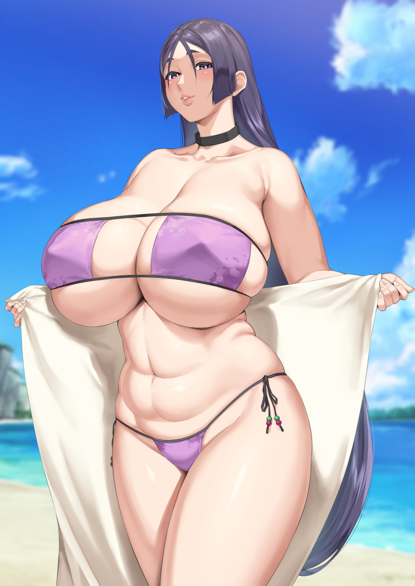 alternate_version_at_source beach beach_towel bikini blush breasts choker curvy eyepatch_bikini fate/grand_order fate_(series) hakai_shin hi_res huge_breasts long_hair mature_female milf minamoto_no_raikou_(fate/grand_order) navel nipple_bulge plump purple_eyes purple_hair thick_thighs towel very_long_hair