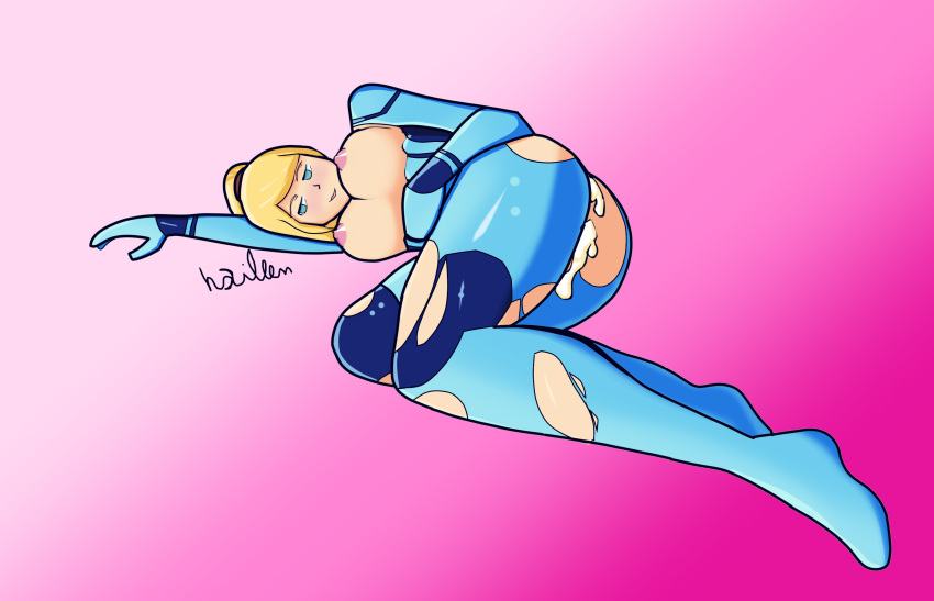 ass ass blonde_eyebrows blonde_female blonde_hair blonde_hair blonde_hair_female blue_bodysuit bodysuit breasts breasts cum_in_pussy haileen latex_bodysuit latex_clothing laying_down laying_on_side metroid ripped_bodysuit ripped_clothing ripped_clothing samus_aran zero_suit_samus