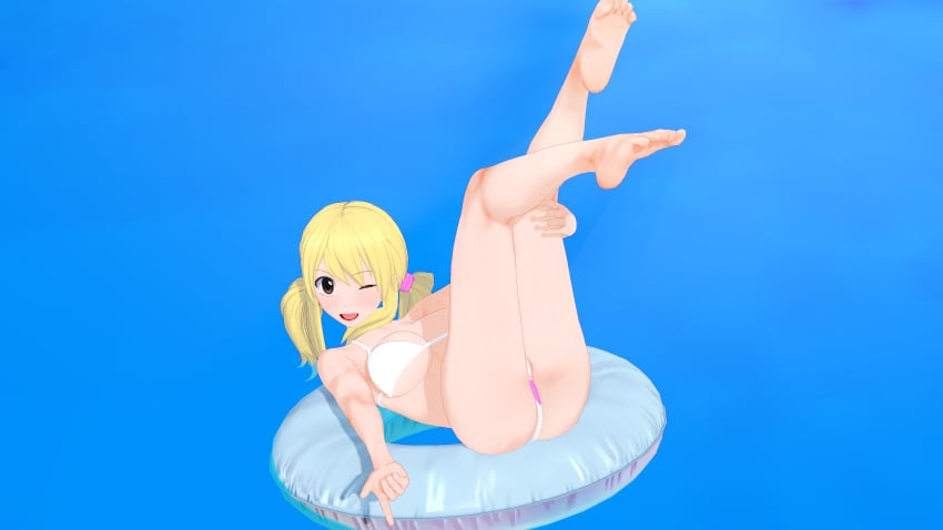 1girls 3d ass barefoot bikini buoy fairy_tail feet koikatsu legs_up lucy_heartfilia lying mr.kurosawa soles solo water wink