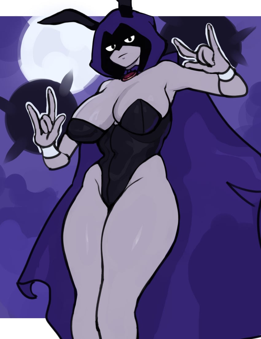 1girls alternate_version_available bare_shoulders big_breasts black_bunny_ears black_bunnysuit black_ears bowtie bracelet bracelets breasts bunny_costume bunny_ears bunny_suit bunnysuit cape cartoon_network cleavage cloak clothed clothing comic cosplay costume dc dc_comics dolecat ears eyes female female_only grey_body grey_skin hero hood hoodie large_breasts legs long_legs looking_at_viewer magic moon navel night outerwear pale_skin purple_cloak purple_eyes purple_hair purple_hood purple_hoodie rabbit_costume rabbit_ears rachel_roth raven_(dc) short_hair smile solo solo_female spellcaster superhero teen_titans thick_thighs thighs white_bracelet wide_hips wristwear