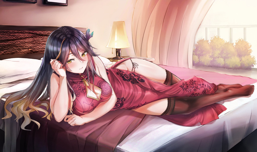 1girls bed bedroom blonde_hair blush chinese_dress dress female female_only furniture indoors inviting lamp light-skinned_female light_skin lua_asuka on_bed production_kawaii purple_hair qipao room seductive solo stockings sukma_y_(sukmayukimura) two_tone_hair virtual_youtuber yellow_eyes