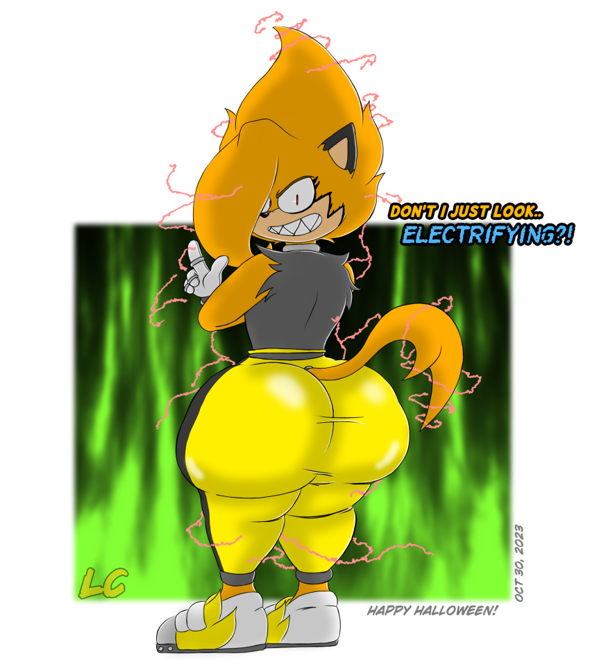 alien anthro anthro_only belt bubble_butt clothed cosplay costume electricity fangs fat_ass female female_only footwear fully_clothed gloves halloween halloween_costume huge_ass huge_butt looking_at_viewer looking_back lwd_cartoonz orange_fur pants red_eyes ripped_clothing ripped_sleeves sabrina_fang shredded_clothes smiling smiling_at_viewer sneakers sonic_(series) sonic_the_hedgehog_(series) spiked_collar spiky_hair surge_the_tenrec surge_the_tenrec_(cosplay) thick_hips thick_legs thick_thighs tight_clothing tshirt