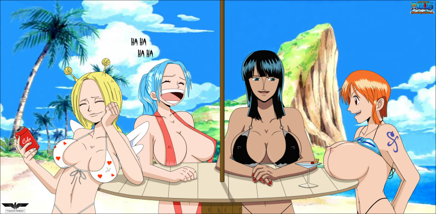 4girls bare_shoulders beach big_breasts bikini black_hair blonde_hair blue_hair breasts breasts_out can cleavage closed_eyes conis drink erect_nipples female female_only huge_breasts large_breasts laughing long_hair multiple_girls nami nefertari_vivi nico_robin nipples nobody_(artist) one_piece open_mouth orange_hair ponytail pre-timeskip short_hair sling_bikini swimsuit table tattoo tied_hair tree vector