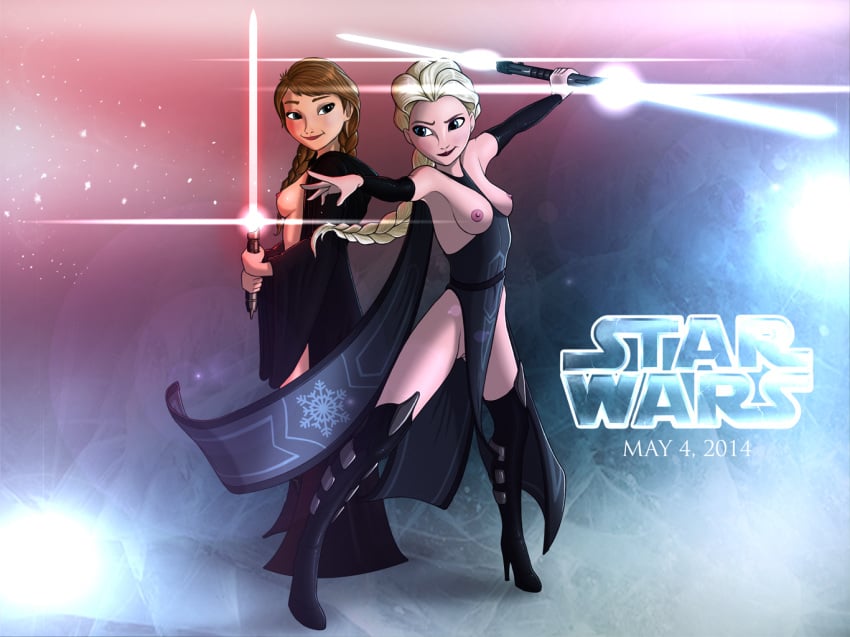 2014 2girls anna_(frozen) big_breasts black_boots blonde_hair blue_eyes boots braid breasts crossover disney elsa_(frozen) frozen_(film) high_heel_boots lightsaber lucasfilm multiple_girls netherwulf nipples pussy siblings sisters star_wars thigh_boots tied_hair twin_braids twintails