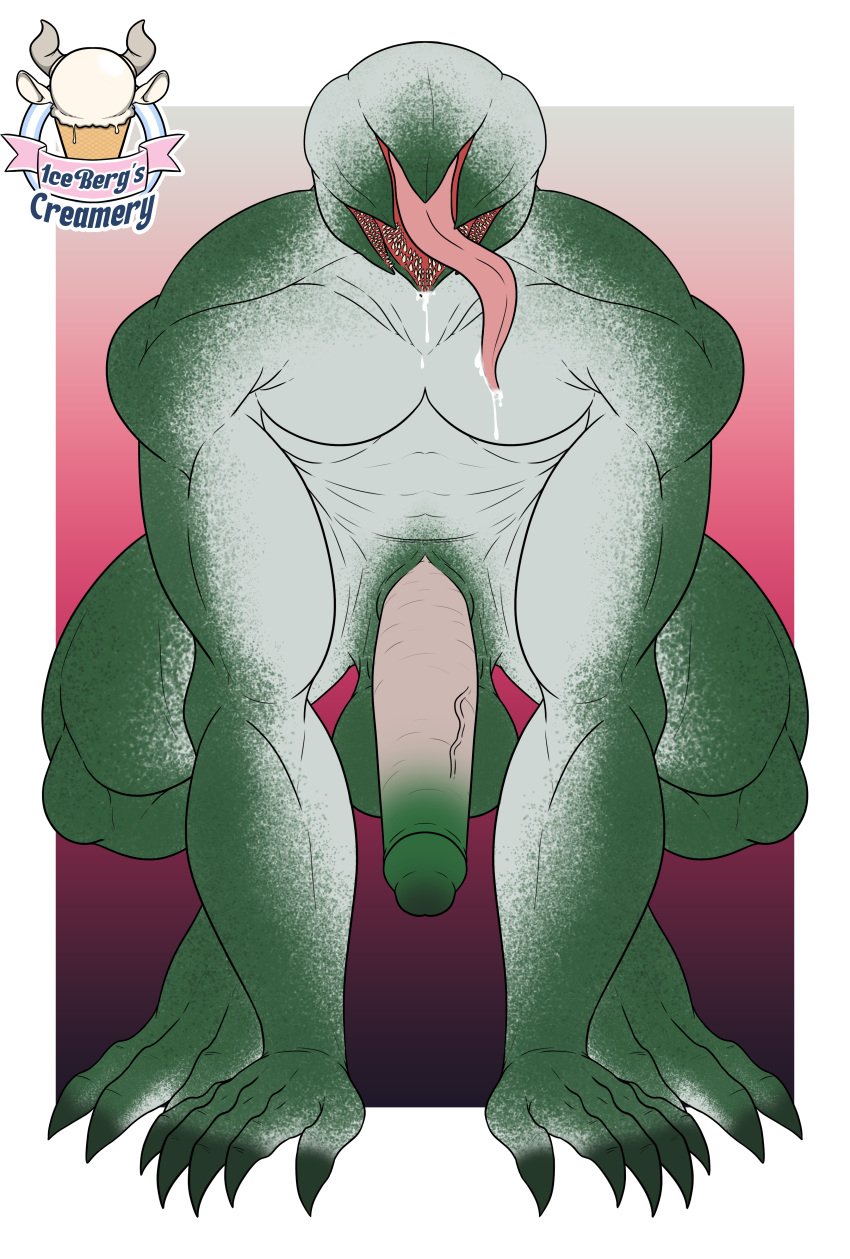 1ceberg absurd_res all_fours anthro balls big_balls big_penis bodily_fluids crouching demogorgon drooling erection genitals green_body hi_res male male_demogorgon_(stranger_things) muscular muscular_male penis saliva sole_male solo solo_male tongue tongue_out