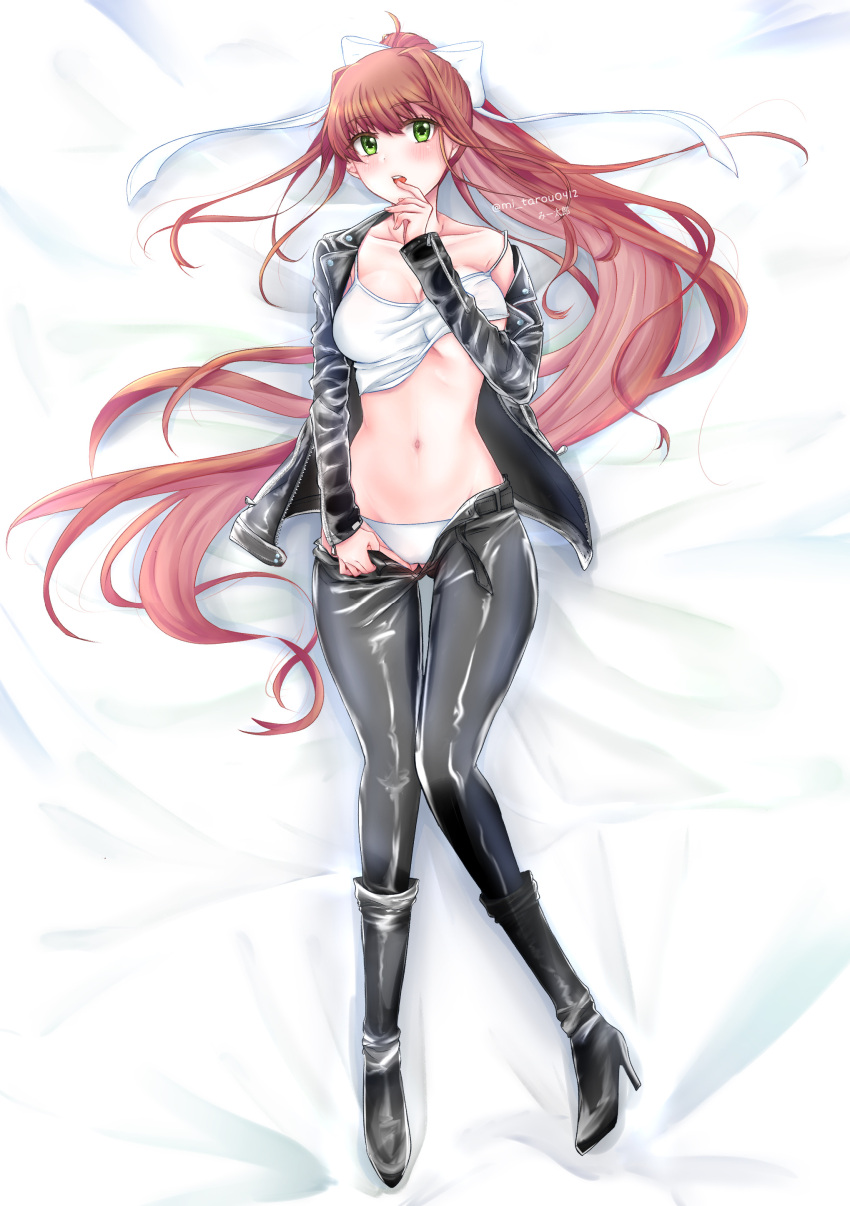 1girls absurdres bed bed_sheet black_footwear black_jacket black_pants boots bow breasts brown_hair collarbone commentary commission doki_doki_literature_club female green_eyes hairbow high_heel_boots high_heels highres jacket large_breasts latex leather leather_jacket leather_pants long_hair looking_at_viewer mitarou_sk monika_(doki_doki_literature_club) navel no_bra on_bed panties pants ponytail ribbon shiny_clothes sidelocks solo stomach tank_top tight_clothing underwear undressing unzipped very_long_hair white_bow white_panties white_ribbon white_tank_top