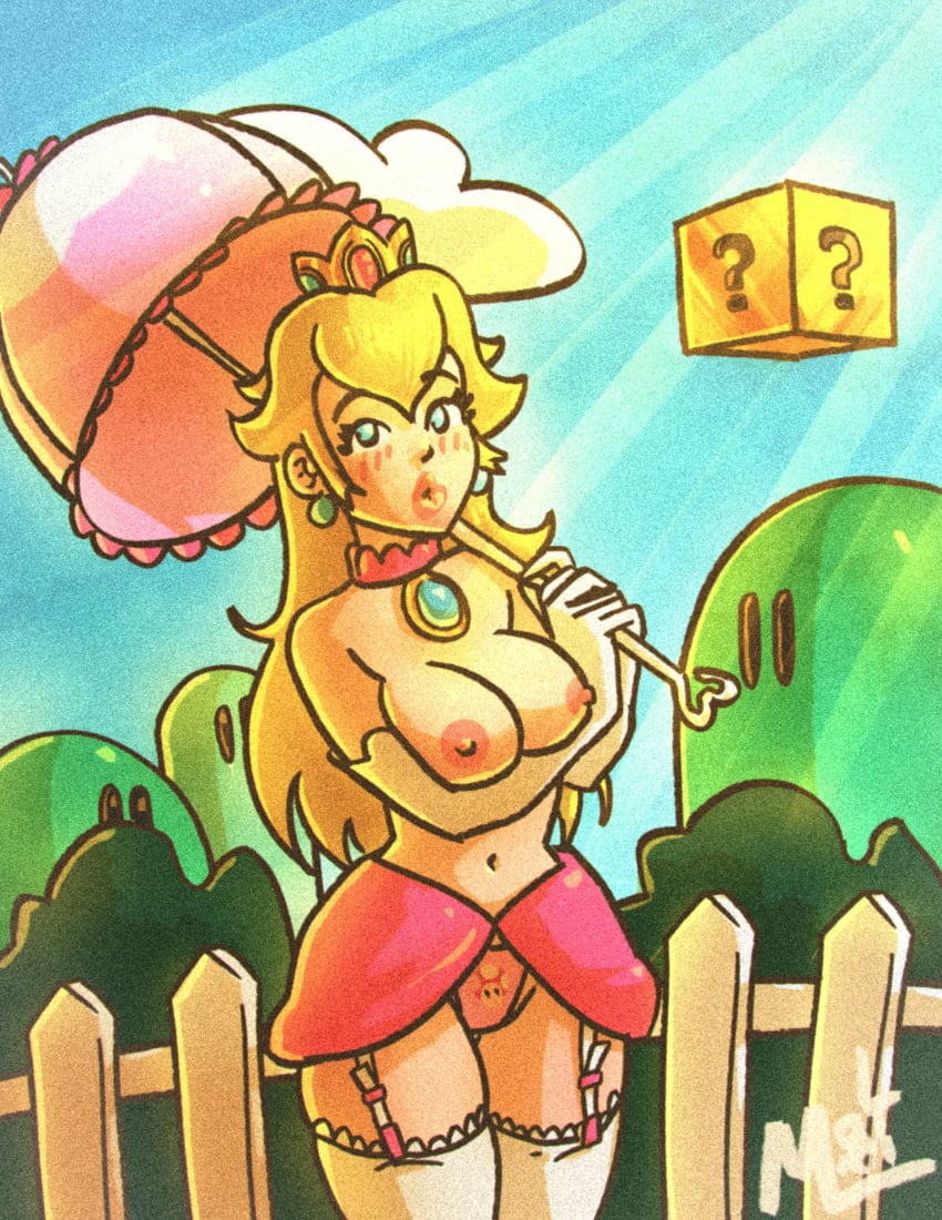 1girls blonde_hair blue_eyes breasts crown female female_only mario_(series) maximaldraws nipples outdoor_nudity outdoors panties pink_panties pink_umbrella princess_peach sky solo standing super_mario_bros. topless topless_female umbrella underwear white_gloves white_stockings