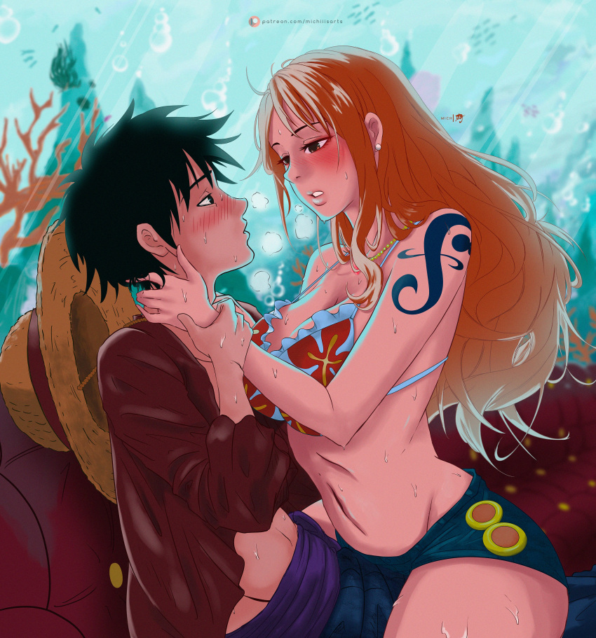 1boy 1boy1girl 1girls aquarium aroused belly belly_button big_breasts bikini bikini_top black_hair blush breasts busty couch couple curvy curvy_female denim_shorts female fish horny intimate long_hair lumi_michi male monkey_d_luffy muscular_male nami necklace one_piece open_shirt orange_hair post-timeskip sash scar sensual short_hair short_shorts shorts shoulder_tattoo sitting sitting_on_person skimpy skimpy_clothes straw_hat sweat tattoo thick_thighs underwater water