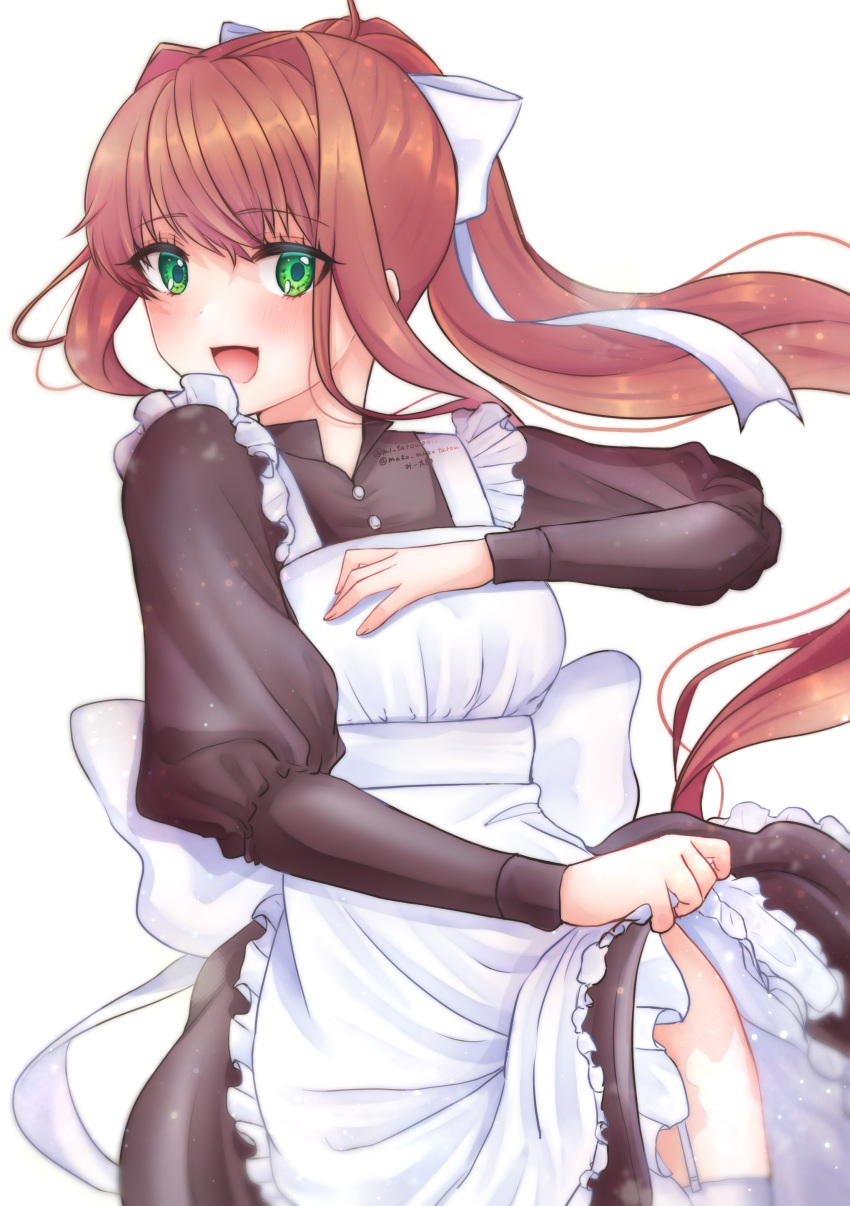 1girls :d absurdres apron apron_lift bangs black_dress blush bow brown_hair clothes_lift doki_doki_literature_club dress dress_lift eyelashes eyes_visible_through_hair floating_hair frilled_apron frills garter_belt garter_straps green_eyes hair_bow hand_on_own_chest happy head_tilt highres juliet_sleeves leaning_back lifted_by_self long_hair long_sleeves looking_at_viewer looking_to_the_side maid maid_apron mitarou_sk monika_(doki_doki_literature_club) multicolored_clothes open_mouth ponytail puffy_sleeves sidelocks simple_background smile solo sparkle thighs tongue very_long_hair white_apron white_background white_bow white_garter_belt white_garter_straps