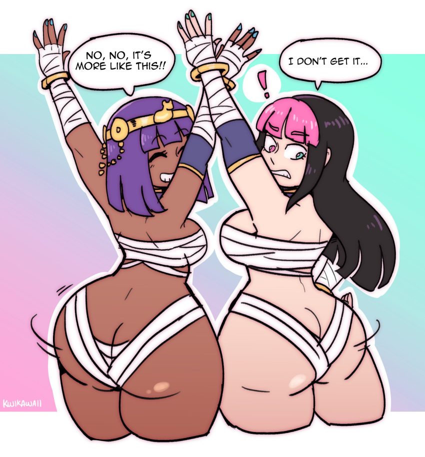 2girls ass ass_shake back big_ass big_breasts big_butt black_hair bob_cut breasts capcom dark-skinned_female dark_skin dat_ass egyptian female huge_ass huge_breasts huge_butt juri_han kujikawaii light-skinned_female menat multicolored_eyes multicolored_hair purple_hair street_fighter street_fighter_v text