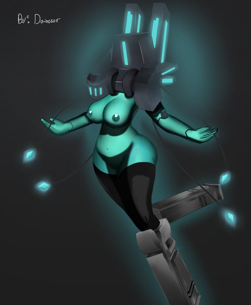 absurd_res armor blue_body breasts cables clothing dainosor diamond_(gem) exposed_breasts female footwear gem glowing glowing_body green_body headgear headwear helmet hi_res humanoid legwear machine metallic_body mind_flayer mindflayer_(ultrakill) robot robot_humanoid robotic_leg socks solo thigh_highs ultrakill wire