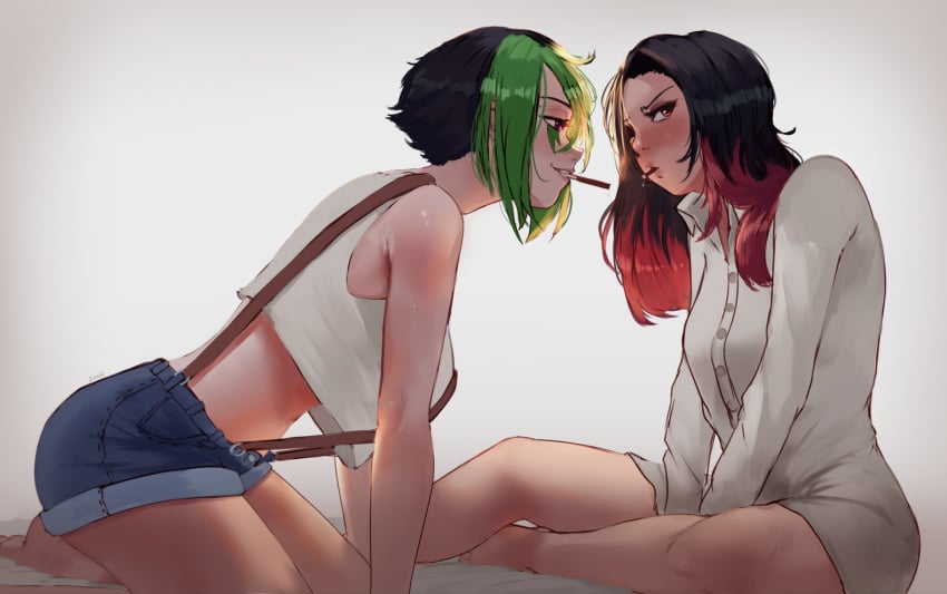 black_hair blouse blush bottomless champions_online clothed couple erochi green_highlights partially_clothed partially_nude pocky purple_eyes red_eyes red_highlights romantic shy suspenders wholesome yuri ziggy_(co)