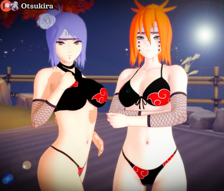 2girls adapted_costume ajisai_(naruto) akatsuki_(naruto) amegakure_symbol bikini blue_hair breasts canon_genderswap cleavage crossed_arms expressionless eyeshadow facial_piercing female female_only flower flower_in_hair forehead_protector genderswap genderswap_(mtf) hair_ornament highleg highleg_bikini koikatsu konan kunoichi long_hair makeup midriff multiple_girls multiple_piercings naruto naruto_(series) naruto_shippuden ninja orange_eyes orange_hair otsukira pain_(naruto) piercing possessed possession rinnegan serious serious_look shoulder_length_hair swimsuit unusual_pupils