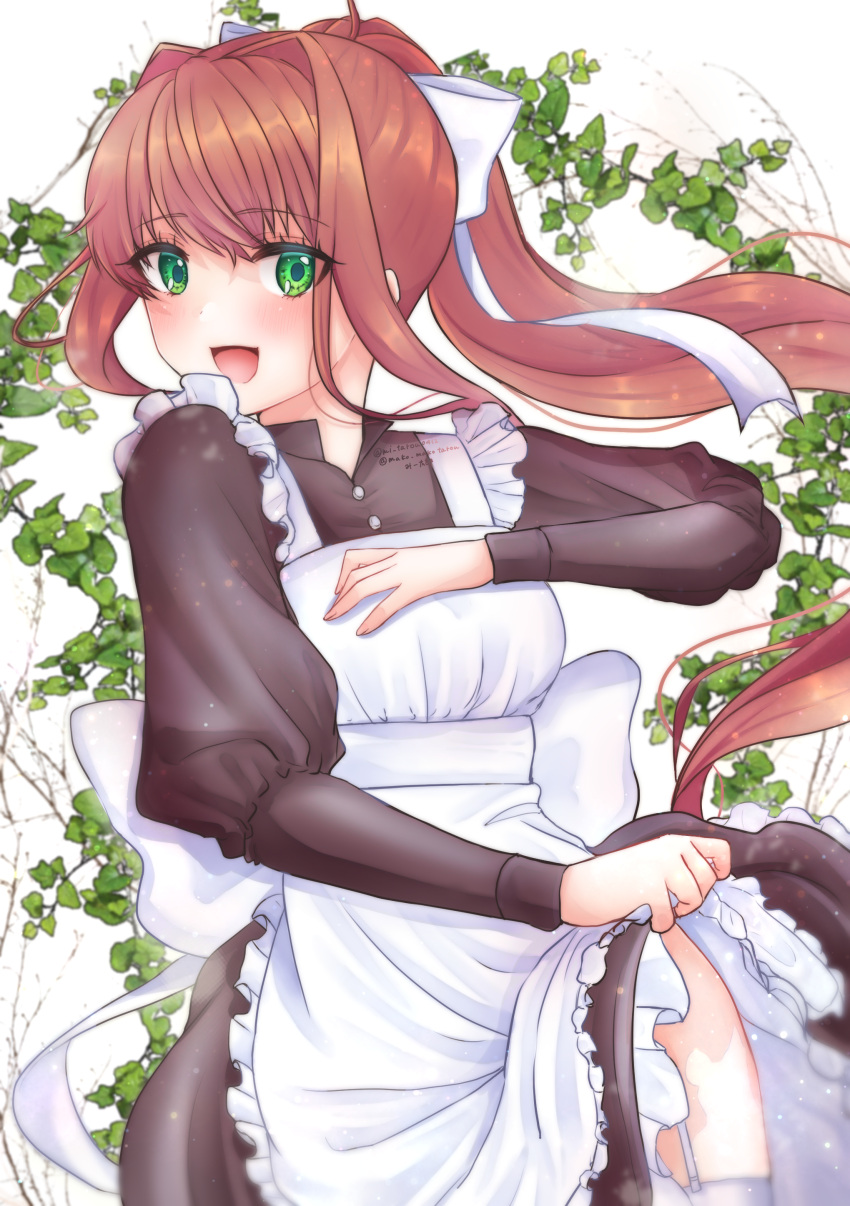 :d absurdres apron apron_lift bangs black_dress blush bow branch brown_hair clothes_lift doki_doki_literature_club dress dress_lift eyelashes eyes_visible_through_hair female floating_hair frilled_apron frills garter_belt garter_straps green_eyes hairbow hand_on_own_chest happy head_tilt highres ivy_(plant) juliet_sleeves leaning_back lifted_by_self long_hair long_sleeves looking_at_viewer looking_to_the_side maid maid_apron mitarou_sk monika_(doki_doki_literature_club) multicolored_clothes open_mouth plant ponytail puffy_sleeves sidelocks simple_background smile solo sparkle thighs tongue very_long_hair white_apron white_background white_bow white_garter_belt white_garter_straps