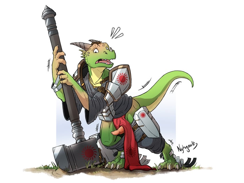 armor claws digitigrade falling_clothing green_scales hammer horns human kobold loss_of_dexterity muzzle nyhgault penis scalie shrinking species_transformation surprised tail transformation