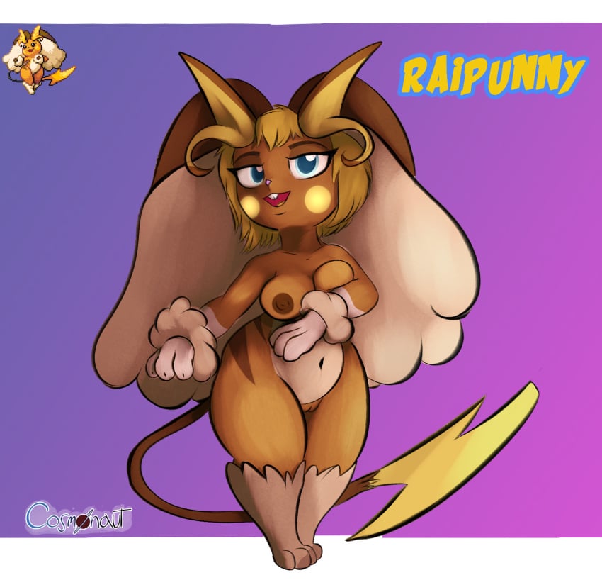 anthro areola belly blonde_hair blue_eyes bodymarking breast_squish breasts cosmonaut female fur fusion generation_1_pokemon generation_4_pokemon genitals hair hi_res hybrid_pokemon lopunny navel nintendo paws pokemon pokemon_(species) pokemon_fusion pussy raichu raichu-lopunny short_stack solo squish