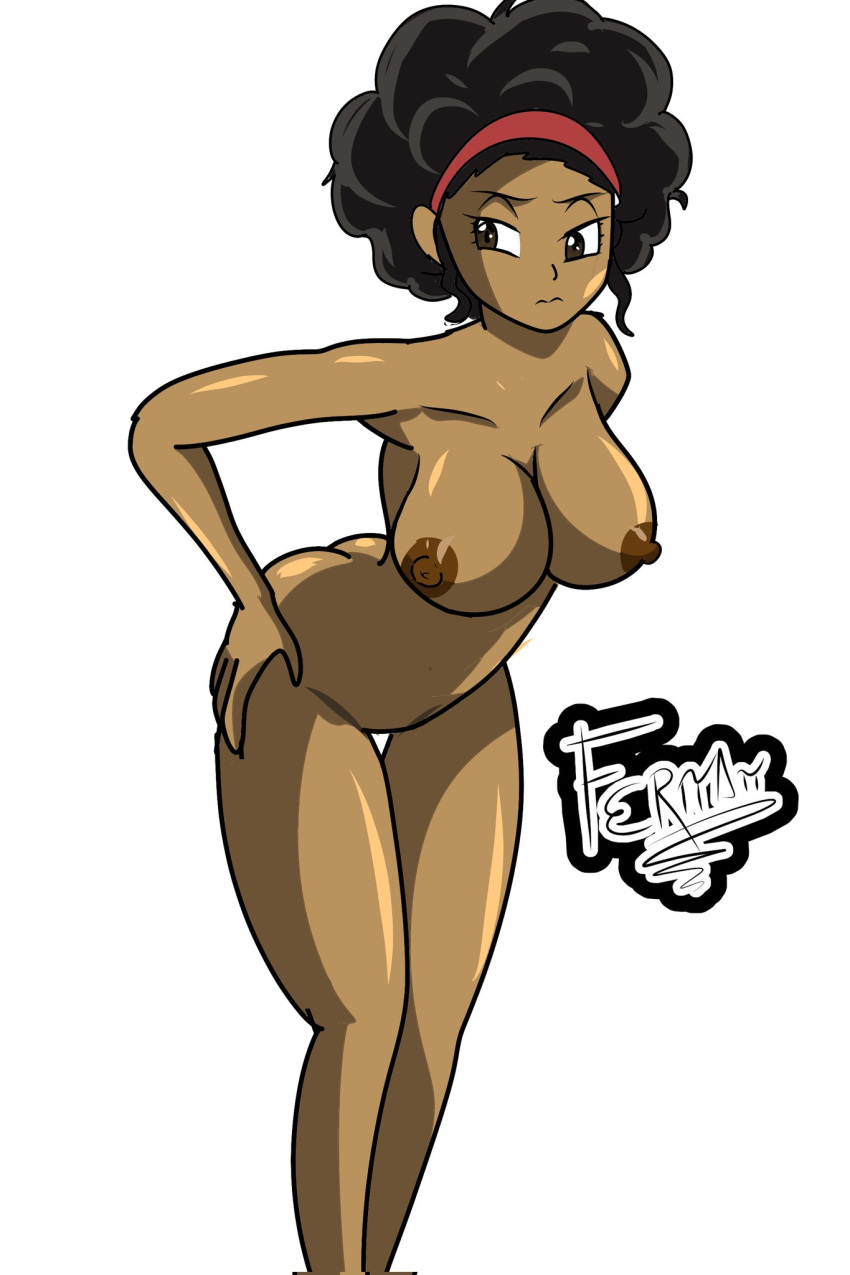 1girls afro areolae ass bent_over big_ass big_breasts black_hair breasts brown_eyes dark-skinned_female dark_skin dragon_ball dragon_ball_super dragon_ball_z f3rπ∆π f3rnanr hairband hand_on_ass looking_away nipples rulah_(dragon_ball) simple_background solo thick_thighs watermark white_background