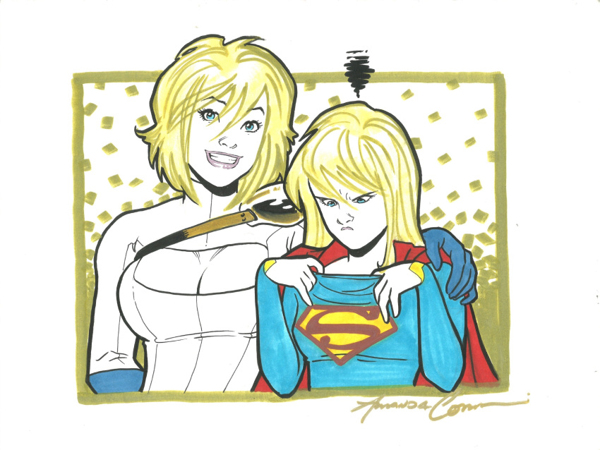 2girls amanda_conner blonde_hair blue_eyes breast_envy cape clothed clothing dc dc_comics envy female female_only kara_danvers kara_zor-el kara_zor-l karen_starr looking_at_own_breasts power_girl red_cape smile smiling supergirl superheroine superman_(series)