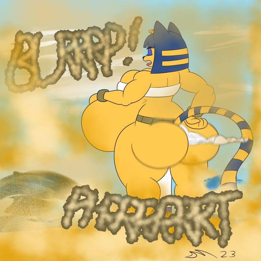 2023 absurd_res ambiguous_digestion anal anal_vore animal_crossing ankha ankha_(animal_crossing) burping dated dirtymac domestic_cat english_text fart felid feline felis female gas hi_res male male/female mammal muscular nintendo text vore