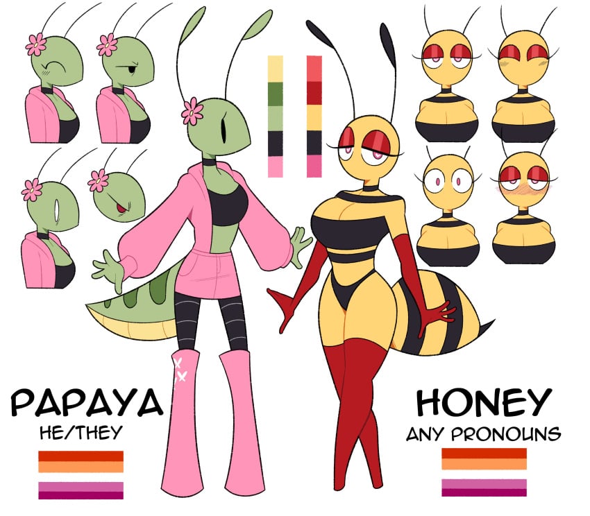 antennae antennae_(anatomy) barely_clothed bee bee_girl blush heart-shaped_pupils honey_(idolomantises) idolomantises insects lesbian_pride_colors mothmilfs papaya_(idolomantisies) partially_clothed