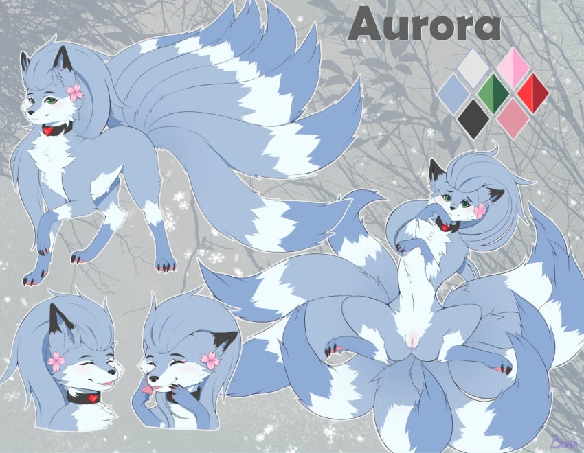 aurorasnowtales black_collar blue_body blue_fur blue_inner_ear_fluff boras_art character_name claws collar color_swatch countershade_face countershade_fur countershade_torso countershading digital_media_(artwork) eyelashes female feral flower_accessory fur generation_1_pokemon genitals green_eyes hi_res humanoid_genitalia humanoid_pussy inner_ear_fluff lying model_sheet multi_tail ninetales nintendo on_back pawpads pink_pawpads pink_pussy pokemon pokemon_(species) pussy quadruped solo standing tail toe_claws tuft white_body white_fur