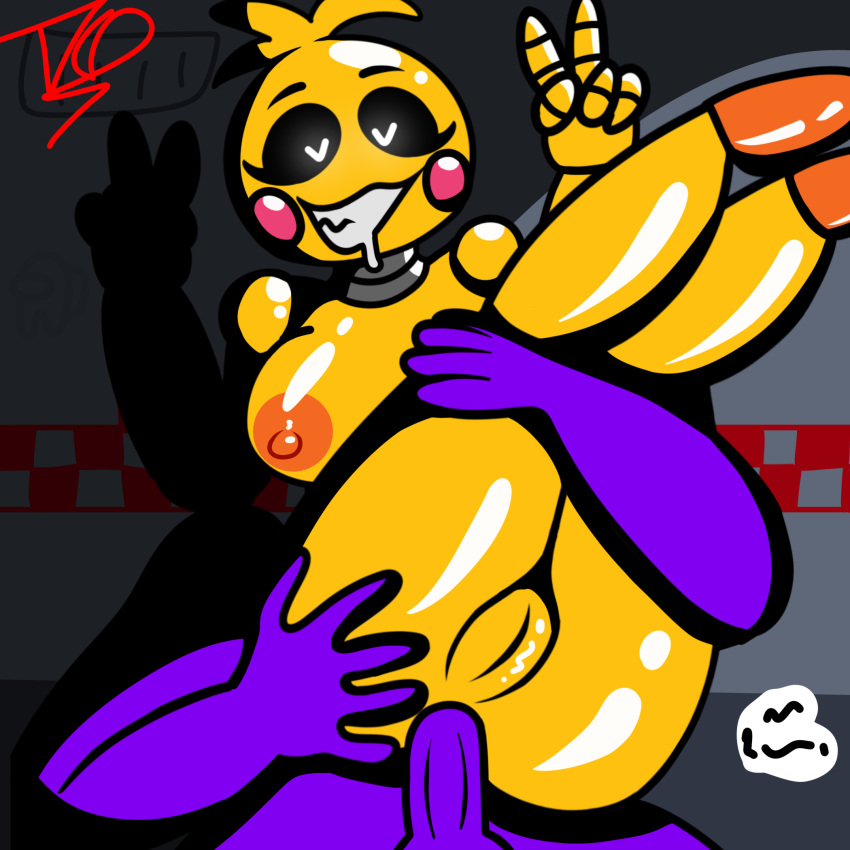 anal anal_sex animal_humanoid anthro areolae big_breasts bird bird_girl breasts chicken_girl five_nights_at_freddy's five_nights_at_freddy's_2 furry heart-shaped_pupils human_on_anthro nipples peace_sign purple_guy_(fnaf) purple_skin robot_girl sharp_teeth straight tkd toy_chica_(fnaf) toy_chica_(love_taste) william_afton