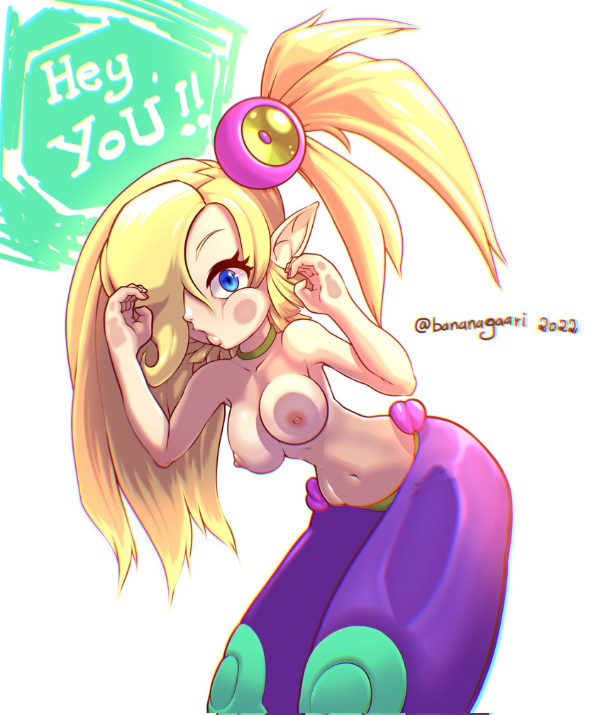 1girls 2d areolae artist_name bananagaari big_breasts blonde_hair blue_eyes breasts female female_focus female_only female_solo half-genie highres looking_at_viewer naked naked_female nipples nude nude_female one_eye_covered one_eye_obstructed plink_(shantae) pointy_ears pressed_against pressed_on_glass shantae shantae_and_the_seven_sirens smooth_skin solo solo_female tagme text thighs topless wayforward