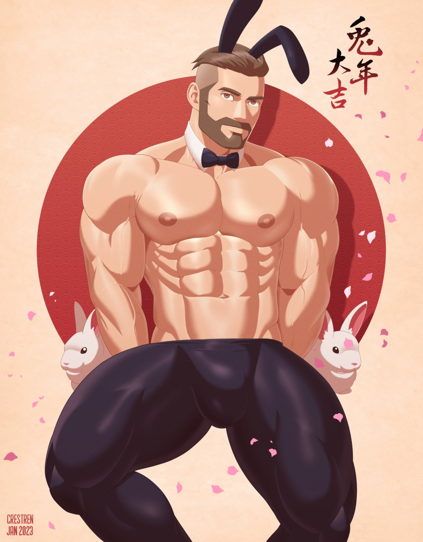 bulge bunny_ears crestren looking_at_viewer lunar_new_year male male_only muscles muscular muscular_male pokemon pokemon_sv professor_turo rabbit shirtless_male spread_legs year_of_the_rabbit