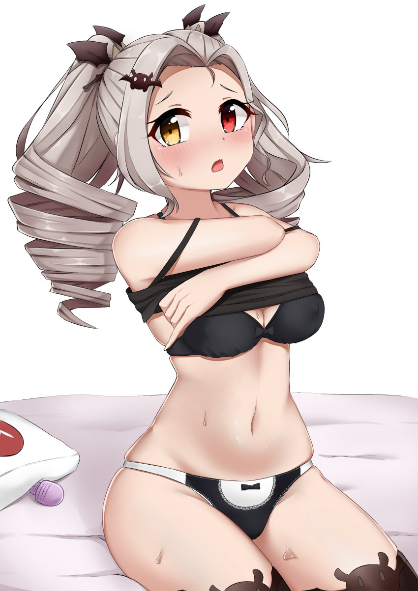 1girls bare_midriff bare_shoulders belly_button blush blush cleavage exposed_shoulders exposed_torso gray_hair grey_hair hair_accessory hairclip heterochromia lifting_shirt liliana_vampaia looking_at_viewer medium_breasts midriff minekawaii myholotv navel pillow ribbon_panties sex_toy shirt_lift solo solo_female solo_focus sweat sweatdrop sweating taking_clothes_off twin_drills underwear vampire vampire_girl vibrator virtual_youtuber