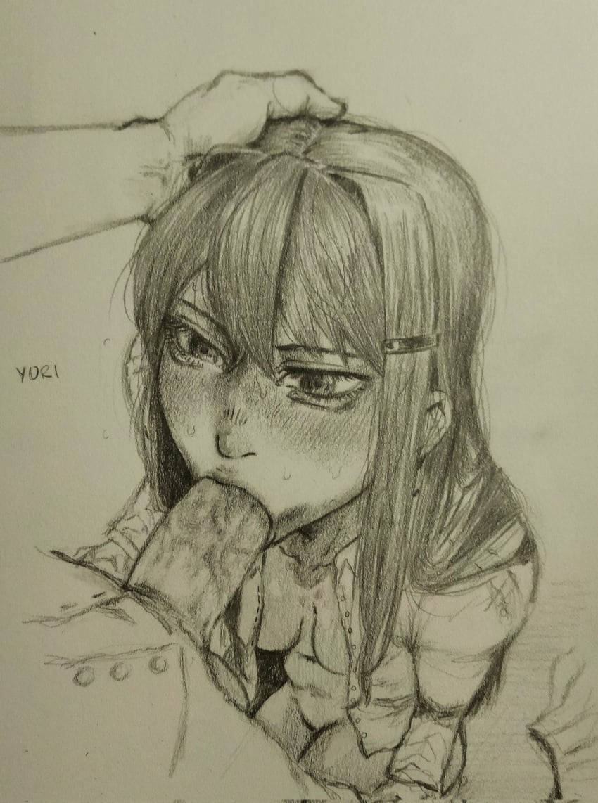 blowjob doki_doki_literature_club gritty_hotdog_(artist) hand_on_head pencil_(artwork) traditional_media_(artwork) yuri_(doki_doki_literature_club)