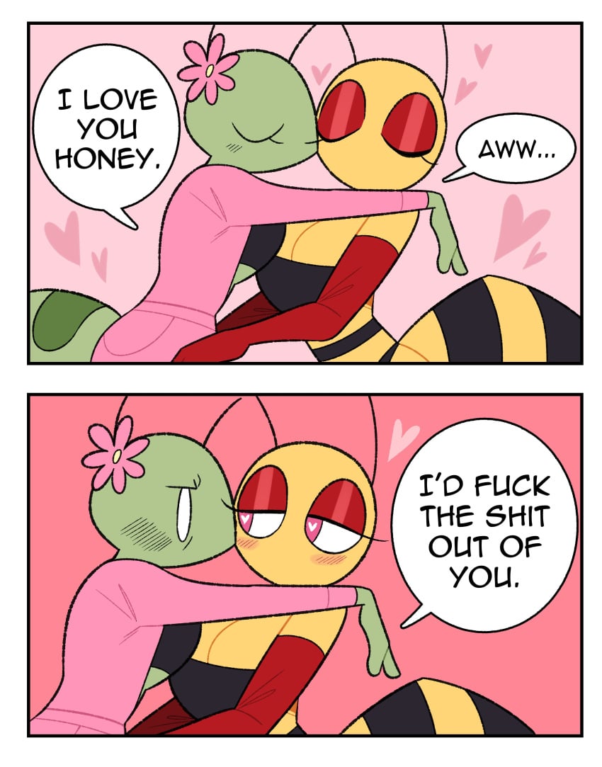 2girls anthro bee bee_girl blush cleavage comic female female_only flower_on_head heart-shaped_pupils honey_(idolomantises) idolomantises mothmilfs papaya_(idolomantisies) text