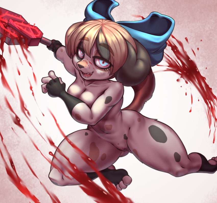 accessory anthro blood bodily_fluids bow_(feature) bow_accessory bow_ribbon breasts butt_from_the_front canid canine centered_hair_bow female genitals hair_accessory hair_ribbon hairbow hi_res hitmanatee holding_melee_weapon mammal mostly_nude pussy ribbons solo