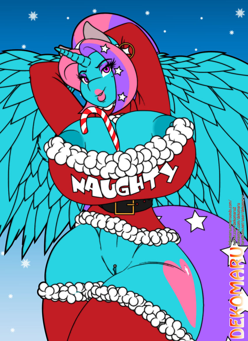 alicorn alternate_version_at_source areola areola_slip big_breasts bimbo bottomless candy candy_cane clothing costume cutie_mark dekomaru dessert ear_piercing ear_ring equid equine feathered_wings feathers food genitals hands_behind_head hasbro hi_res horn huge_breasts large_breasts legwear mammal my_little_pony no_panties piercing pussy ring_piercing santa_costume santa_dress teal_body thigh_highs vanilla_(dekomaru) wings