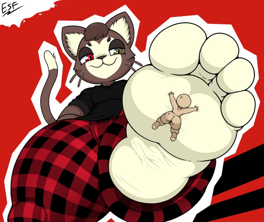 anthro black_clothing black_shirt black_topwear clothing domestic_cat dominant electricsnowfox feet felid feline felis foot_fetish foot_focus heterochromia hi_res kralex looming macro male mammal micro paws plaid shirt size_difference smothering smug step_pose thick_thighs toes topwear