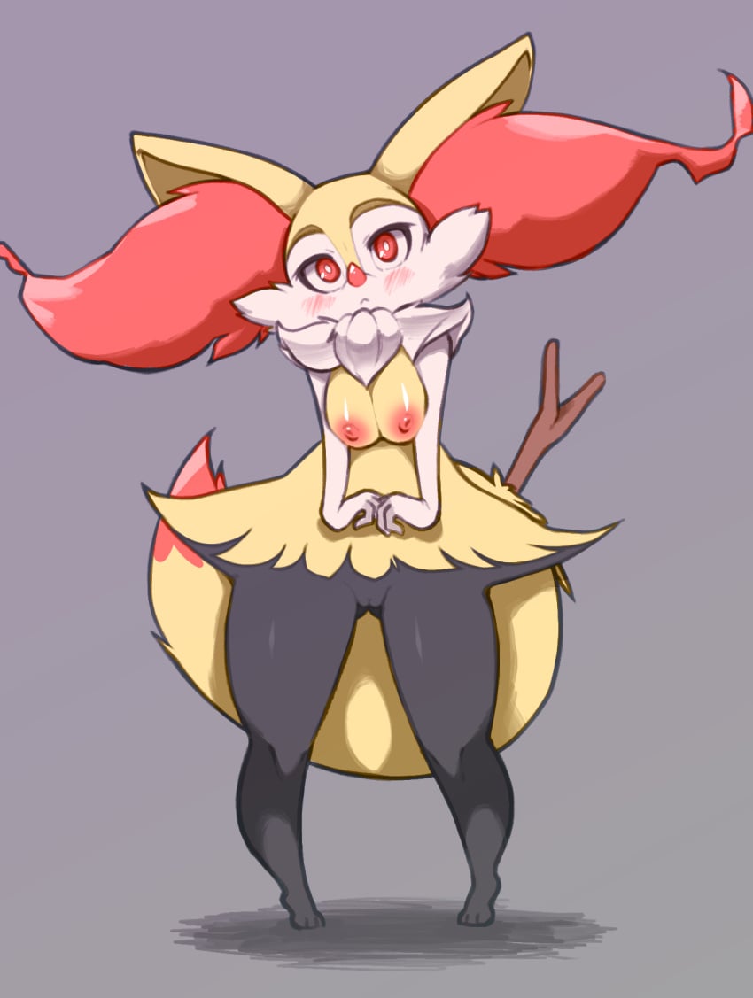 :< animal_ear_fluff animal_ears animal_nose anthro barefoot black_fur blush body_fur braixen breasts breasts_squeezed_together bright_pupils closed_mouth commentary english_commentary feet female female_focus female_only fox_ears fox_girl fox_tail full_body fur_collar furry furry_female grey_background head_tilt highres hitmanatee legs legs_apart looking_at_viewer medium_breasts multicolored_fur nintendo nipples own_hands_together pokémon_(species) pokemon pokemon_(species) pussy red_eyes shiny_skin simple_background snout solo standing stick tail thick_thighs thighs white_fur white_pupils wide_hips yellow_fur