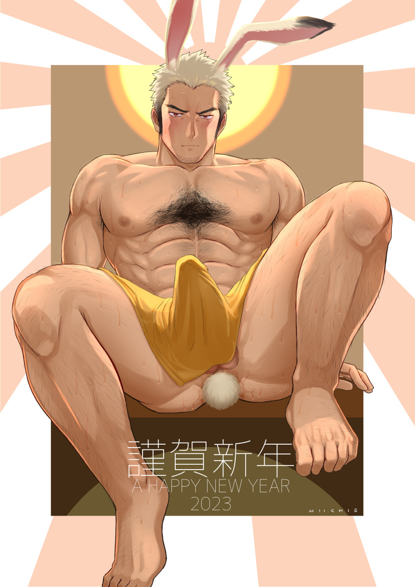 1boy 2023 absurdres animal_ears armpit_hair bara black_hair blonde_hair blush bulge chest_hair chinese_new_year chinese_zodiac erection erection_under_clothes facial_hair hairy happy_new_year highres large_pectorals leg_hair long_sideburns male_focus male_only mature_male multicolored_hair muscular muscular_male niichi_(niichi21) original pectorals rabbit_boy rabbit_ears rabbit_tail short_hair sideburns solo solo_male spread_legs stubble sweat tail testicle_peek thick_eyebrows thick_thighs thighs towel_around_waist two-tone_hair veins veiny_arms year_of_the_rabbit