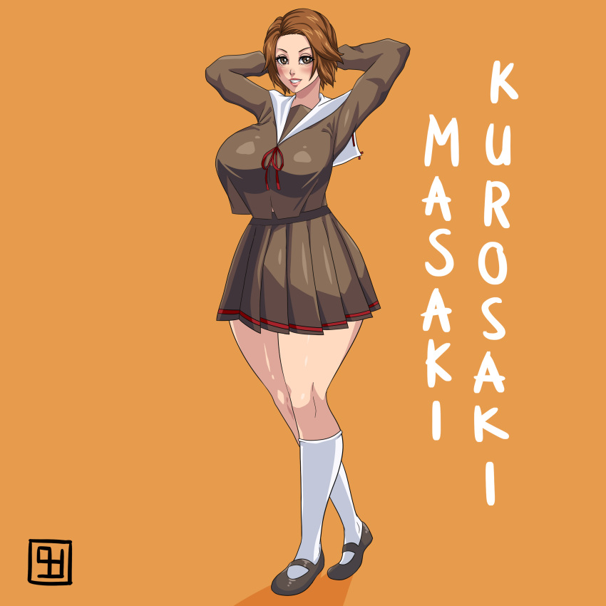 1girls absurdres arms_behind_head arms_up bleach bleach:_the_thousand-year_blood_war breasts character_name female female_only flats full_body fully_clothed highres hourglass_figure huge_breasts kazibar kurosaki_masaki masaki_kurosaki school_uniform schoolgirl shirt shoes short_hair skimpy skimpy_clothes skirt socks solo solo_focus teenage_girl teenager thick_thighs voluptuous voluptuous_female