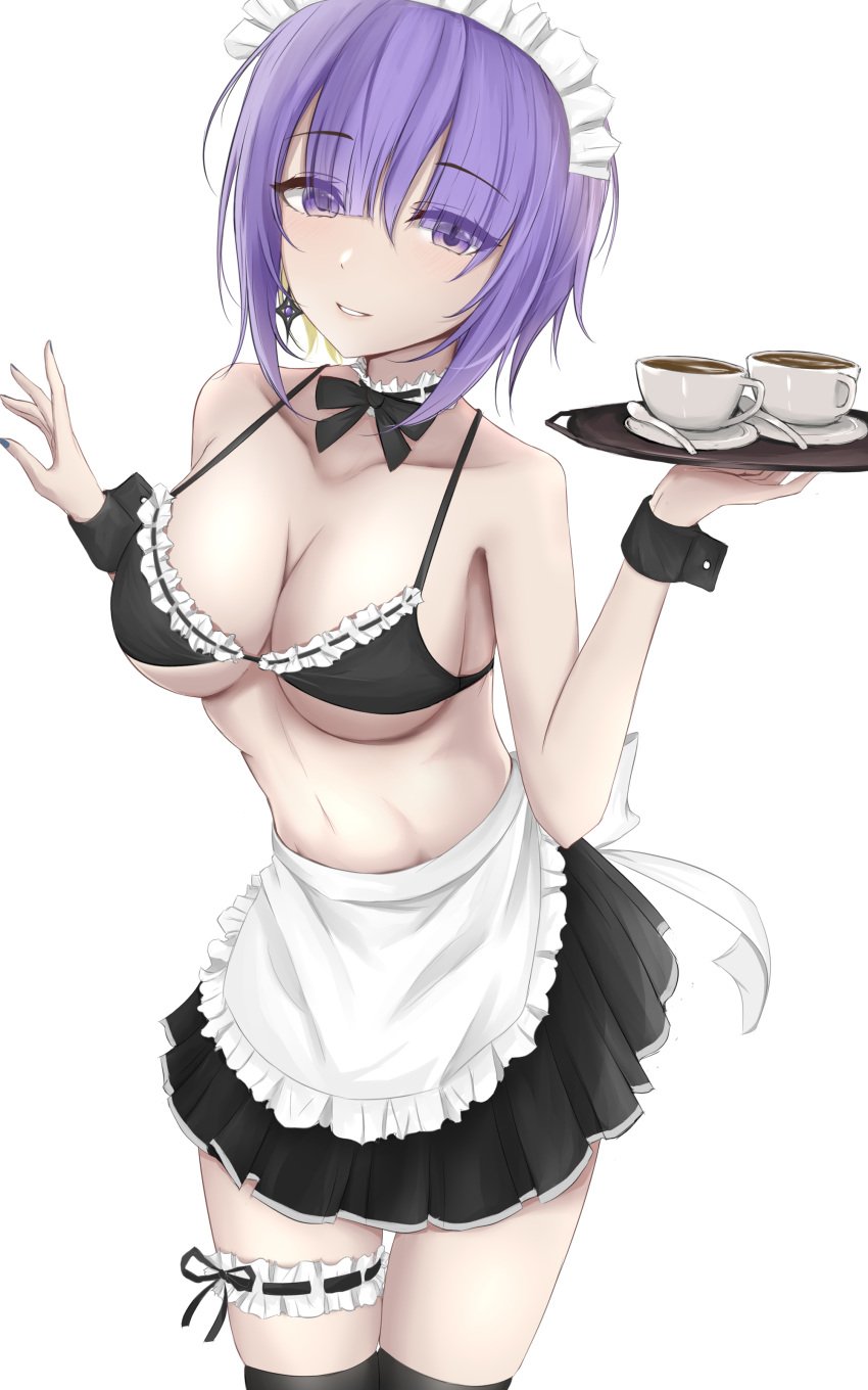 :d absurdres alternate_hairstyle apron bangs bikini bikini_top_only black_bikini black_bow black_bowtie black_skirt black_thighhighs bow bowtie breasts cleavage coffee collarbone cup eyebrows_hidden_by_hair eyes_visible_through_hair female hair_between_eyes highres hololive hololive_indonesia light_blush looking_at_viewer maid maid_bikini maid_headdress makeitezz21 medium_breasts moona_hoshinova multicolored_hair nail_polish plate pleated_skirt purple_eyes ribbon-trimmed_bikini ribbon_trim saucer short_hair simple_background skirt smile solo spoon swimsuit teacup thigh_strap thighhighs tray two-tone_hair underboob virtual_youtuber white_background wrist_cuffs