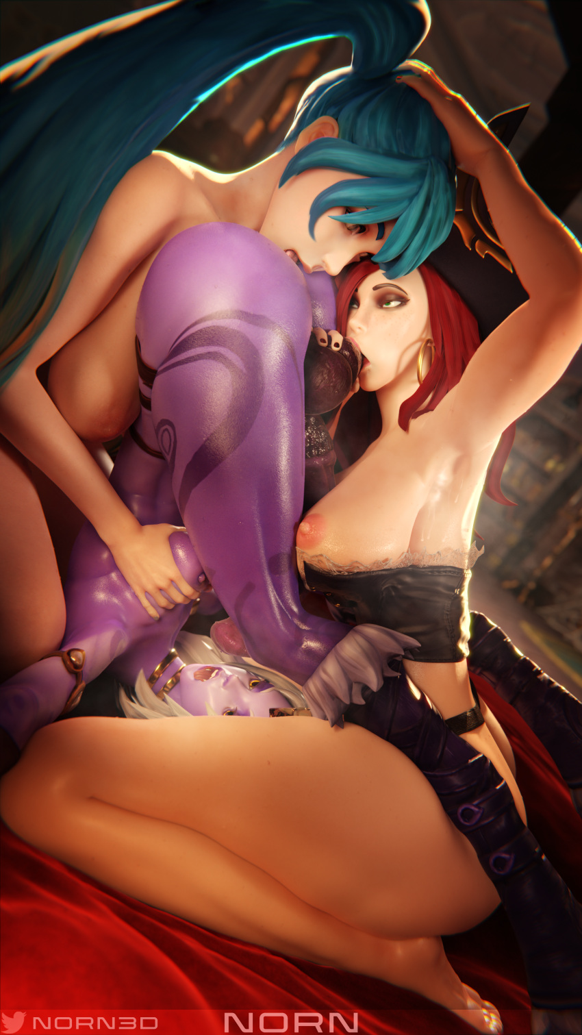 3d 3d_(artwork) ass ass_grab ass_up breast_squeeze breasts cum cum_in_mouth cum_on_face futanari league_of_legends miss_fortune norn3d penis sfm sona_buvelle soraka source_filmmaker threesome