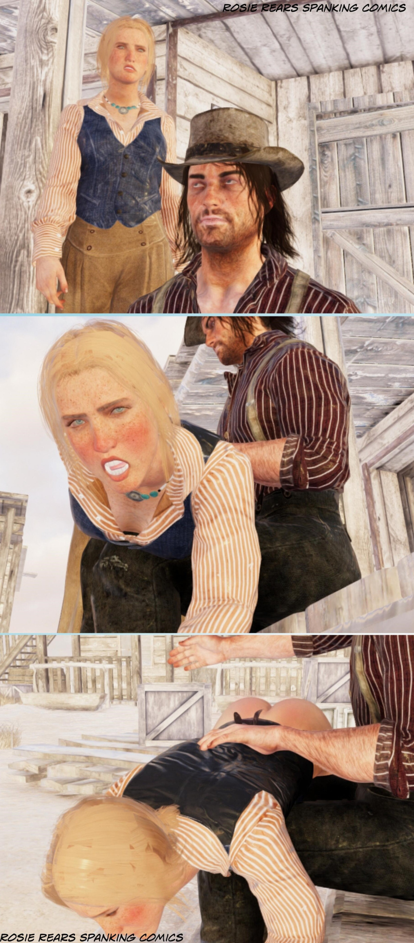 1male 3d bonnie_macfarlane cowboy cowgirl cowgirl_outfit john_marston otk otk_spanking red_dead_redemption_(series) red_dead_redemption_2 spanking spanking_butt western_art wild_west