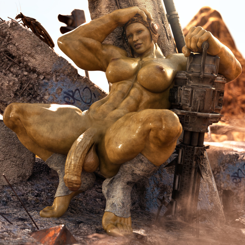 3d bald fallout flaccid futa_only futanari gun large_penis minigun muscular_futanari squarepeg3d super_mutant