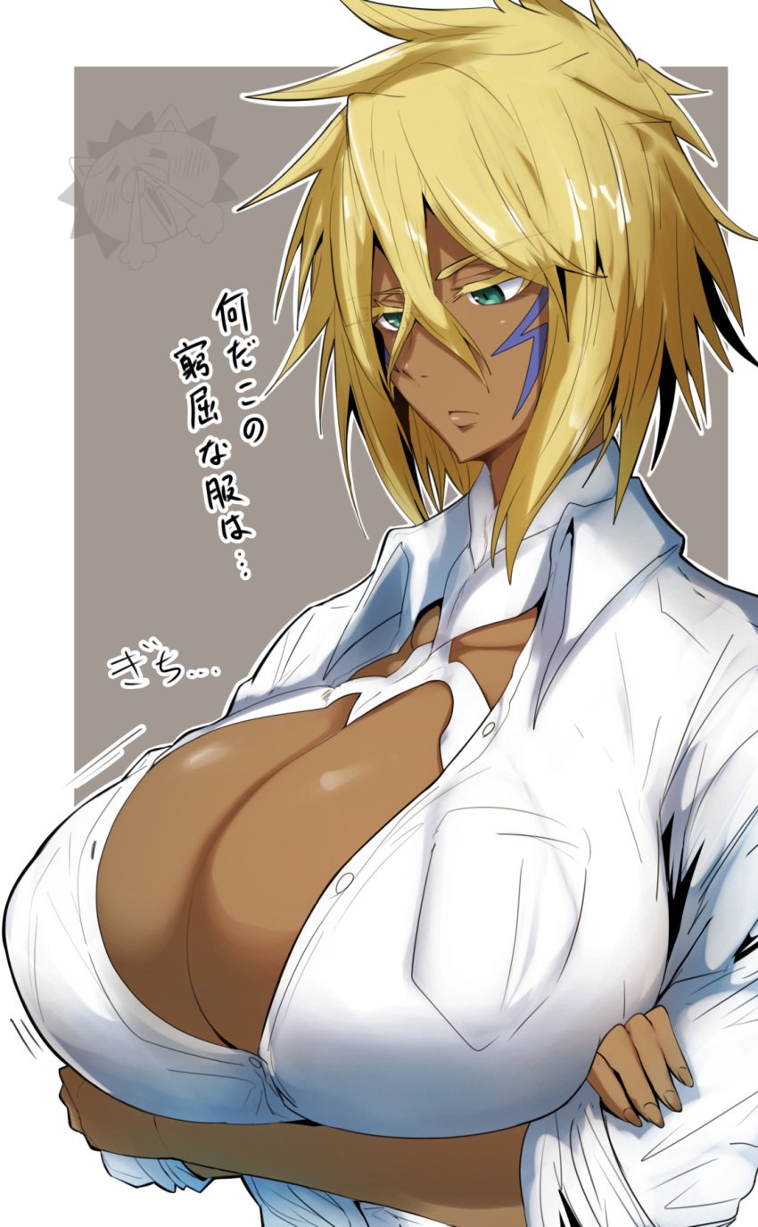 1girls bleach blonde_hair breasts brown_skin bust_portrait busty cleavage dark-skinned_female dark_skin female gin_moku green_eyes huge_breasts kon long_hair massive_breasts school_uniform tia_harribel