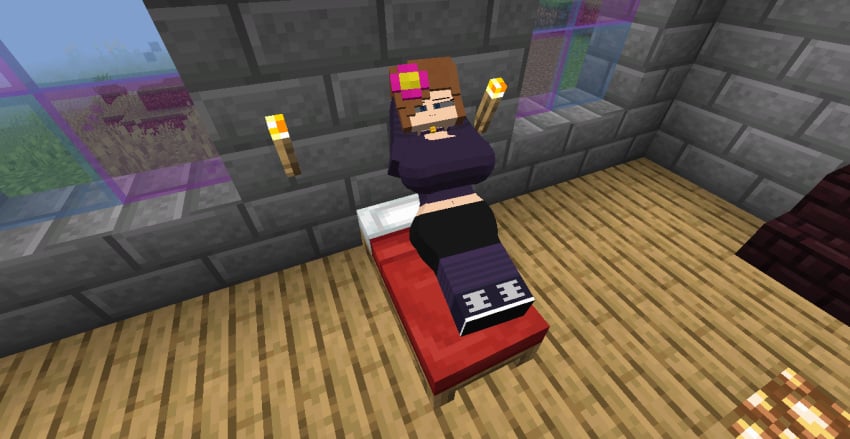 1girls 3d bed big_breasts blue_eyes brown_hair flower_in_hair horny_female human_female humanoid jenny_belle_(slipperyt) laying_on_bed looking_at_viewer mine-imator minecraft mojang outside relaxing schnurritv tagme wide_hips