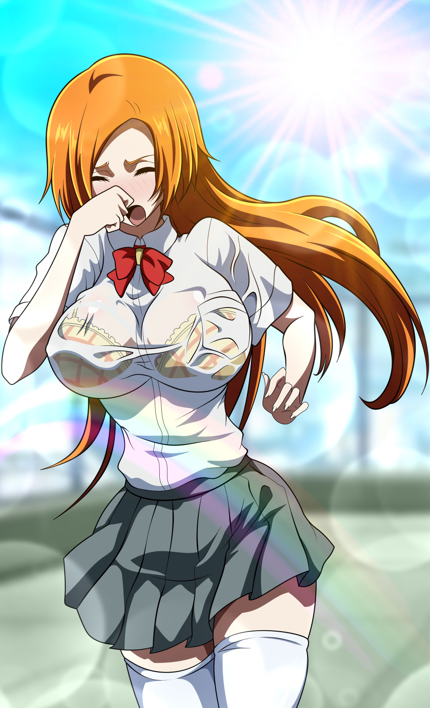 1girls anime_style auburn_hair big_breasts bleach bra breasts closed_eyes color colored doujin doujinshi female female_only gray_eyes huge_breasts inoue_orihime large_breasts lingerie miniskirt oldhorrorz orange_hair school_uniform schoolgirl see-through see-through_bra see-through_clothing see_through skirt soaked soaked_clothes socks stockings thigh_socks thighhighs underwear uniform visible_underwear wet wet_clothes wet_clothing wet_shirt white_socks