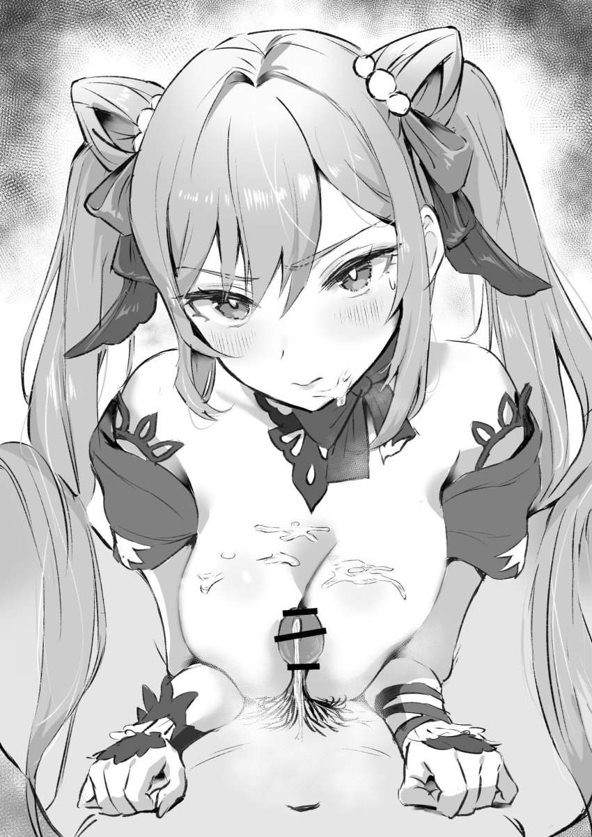 1boy 1girls bar_censor blush breasts censored closed_mouth cone_hair_bun cum cum_on_body cum_on_breasts cum_on_face detached_sleeves facial female genshin_impact greyscale hair_between_eyes hair_bun highres keqing_(genshin_impact) keqing_(opulent_splendor)_(genshin_impact) large_breasts long_hair looking_at_viewer monochrome paizuri paizuri_lead_by_female penis pov solo_focus straight sukoyaka93 titjob twintails