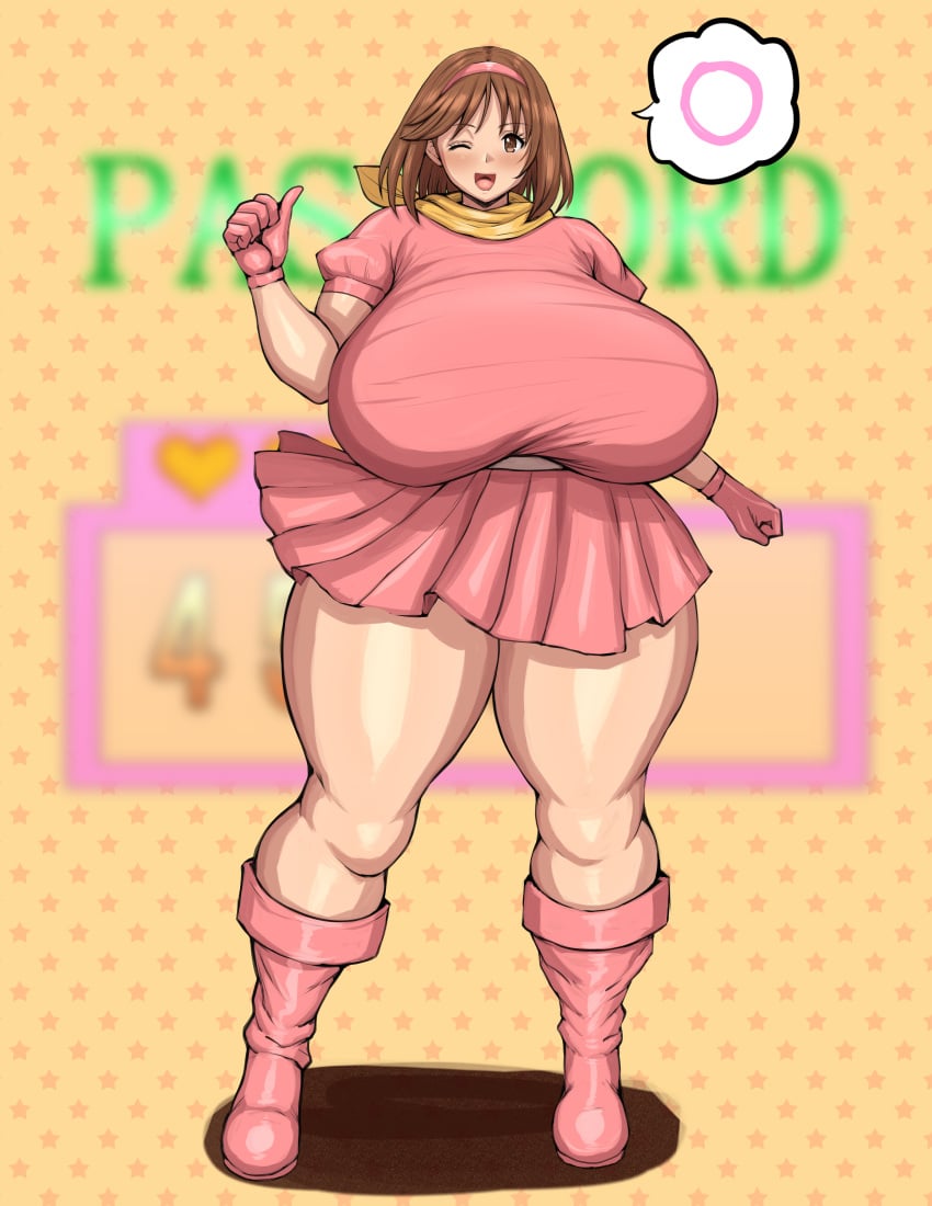 bomberman brown_eyes brown_hair exposed_thighs gigantic_breasts gloves hairband happy miniskirt one_eye_closed open_mouth pink_boots pink_gloves pink_hairband pink_outfit ponkotsuu pretty_bomber shiny_skin speech_bubble super_bomberman_r thick_thighs thighs venus_body wide_hips yellow_scarf