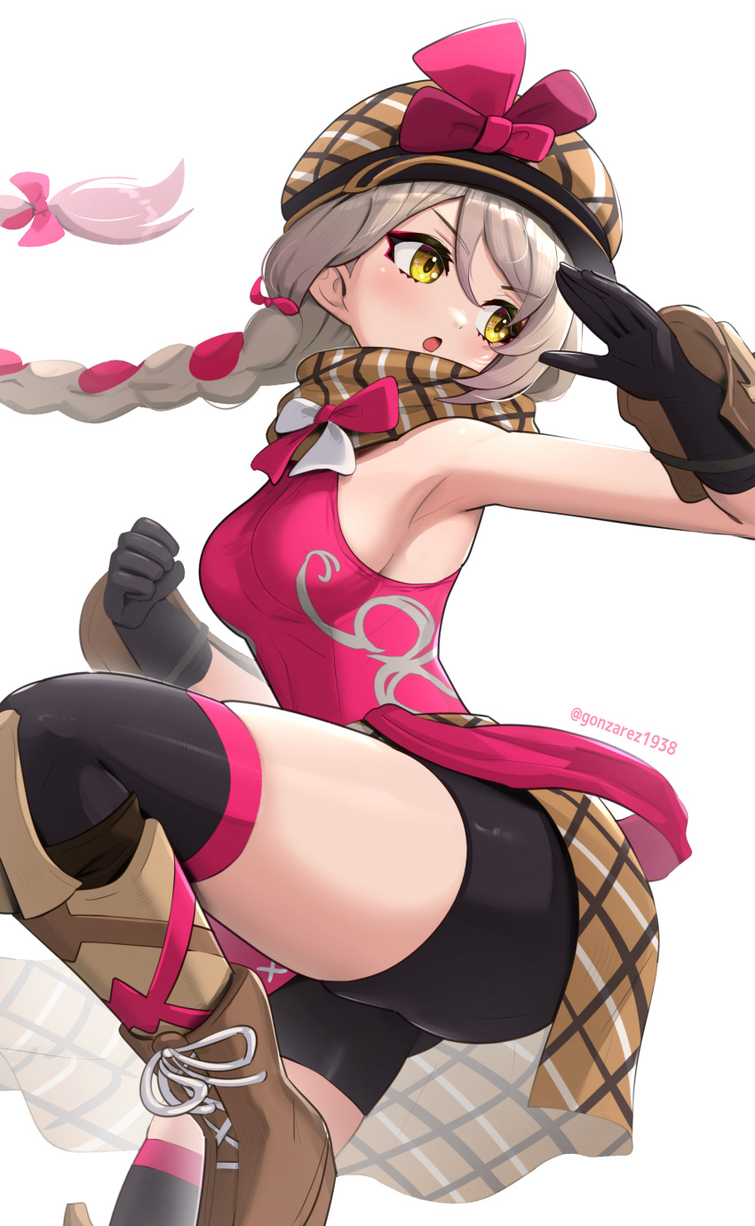 1girls :o absurdres armpits ass bare_shoulders bare_thighs bike_shorts black_gloves black_shorts black_thighhighs boots breasts brown_footwear brown_headwear brown_scarf cabbie_hat commentary_request female female_only fire_emblem fire_emblem_engage framme_(fire_emblem) gloves gonzarez grey_hair hat highres long_braid long_hair medium_breasts nintendo open_mouth pink_shirt scarf shirt shorts sideboob simple_background skindentation sleeveless sleeveless_shirt solo thick_thighs thighhighs thighs white_background yellow_eyes