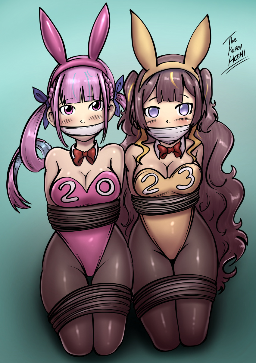 2023 anya_melfissa bandana bare_shoulders blonde_highlights blue_highlights bondage bound bowtie brown_hair bunny_ears bunny_girl bunnysuit cleavage dakuroihoshi fenrilhuayra gag hololive hololive_gen_2 hololive_indonesia hololive_indonesia_holoro hololive_japan kneeling long_hair medium_breasts minato_aqua over_the_mouth_gag pantyhose pink_eyes pink_hair pink_leotard pupilless_eyes purple_eyes restrained ribbon rope side_by_side tied_up twintails virtual_youtuber year_of_the_rabbit yellow_leotard