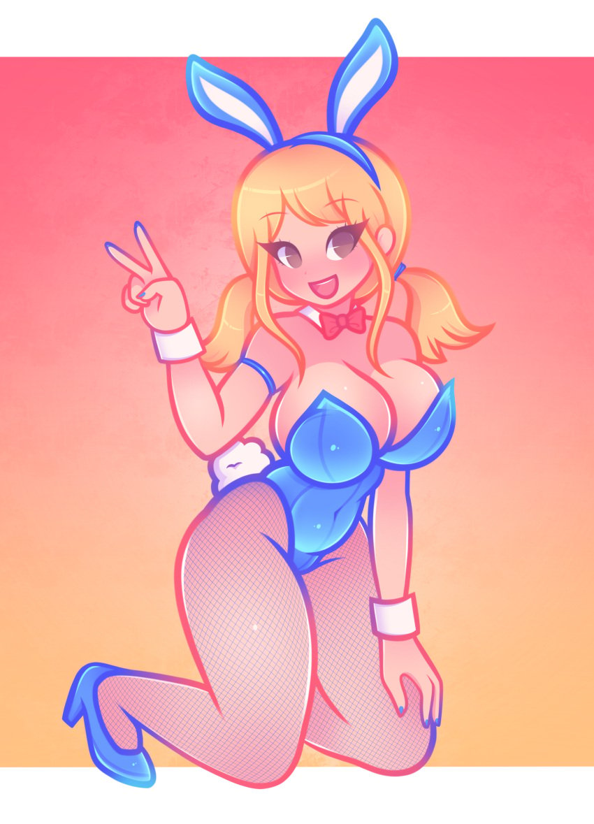 bangs big_breasts blonde_female blonde_hair blue_clothing breasts brown_eyes bunny_costume bunny_ears bunny_girl bunny_tail bunnysuit cute fairy_tail high_heels large_breasts lucy_heartfilia open_mouth peace_sign playboy_bunny round_breasts smile twintails zharxart